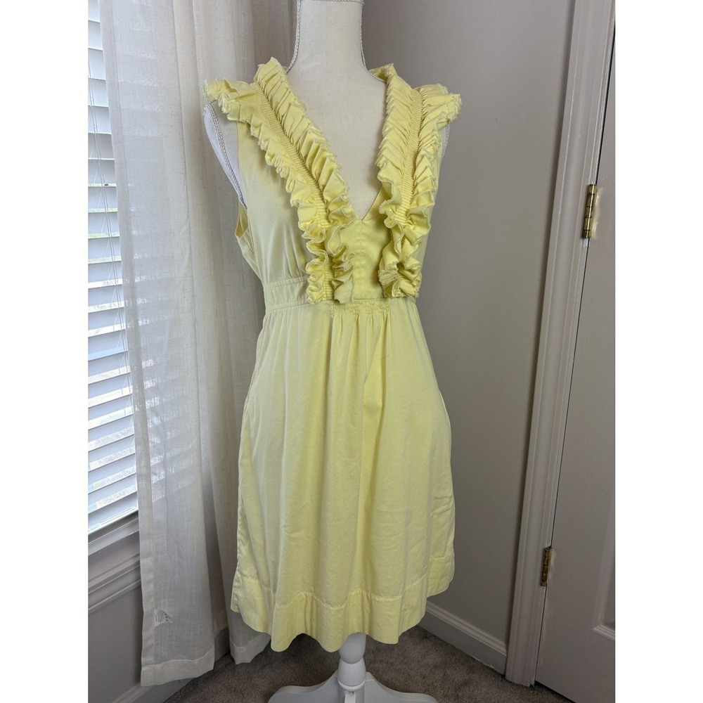 BCBGMAXAZRIA Ruffle Dress Womens M Yellow Fair V-Neck Sleeveless Cotton Blend